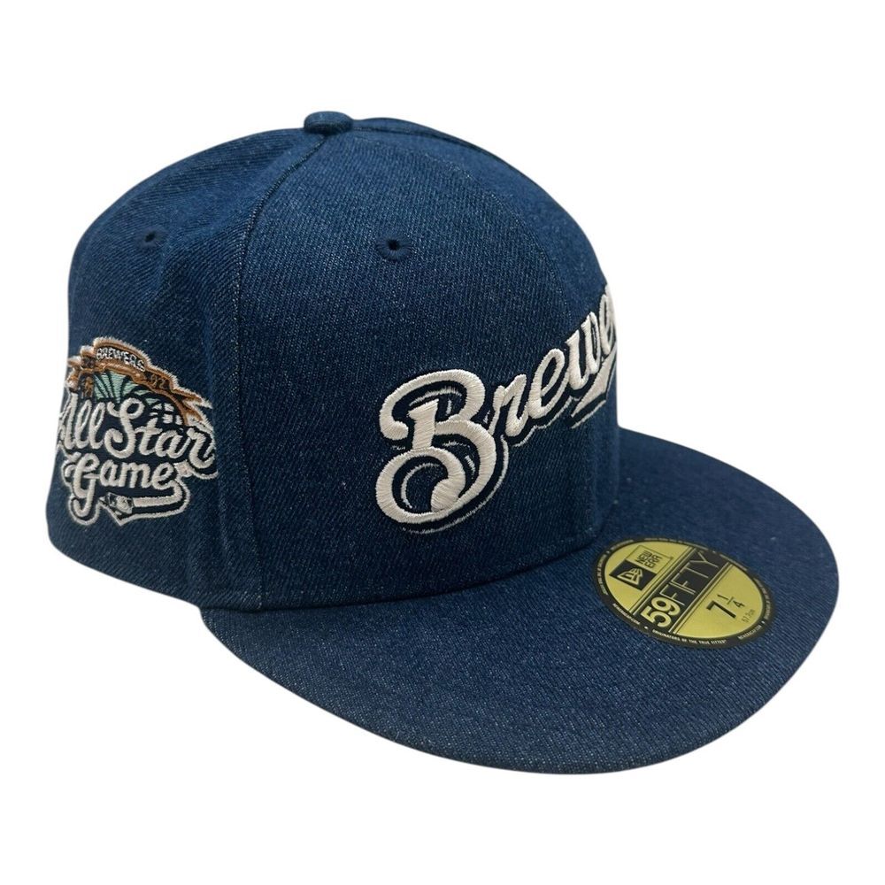 New Era 59Fifty Milwaukee Brewers Hat Cap Fitted 7 1/4 Denim 2002 All Star Game